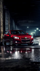 Red Chevrolet sedan sits in wet, dimly lit urban underpass