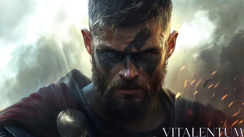 Battle-hardened warrior portrait with dramatic rim lighting and sparks