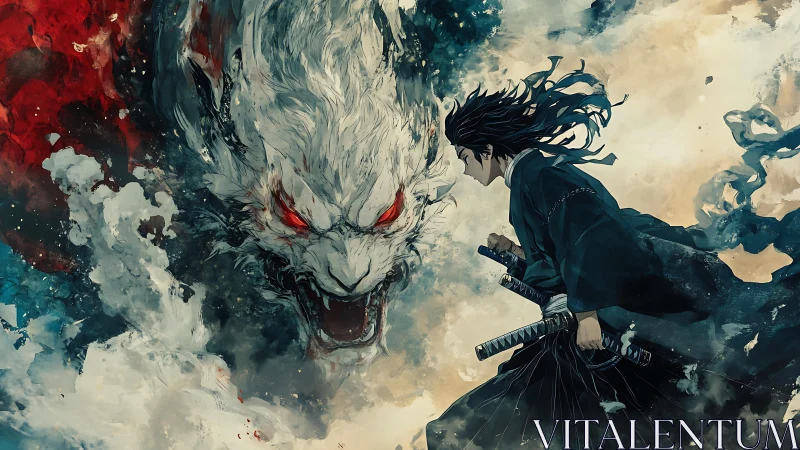 Stormlit swordsman duels spectral wolf forged from clouds.