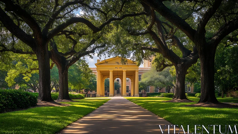 Yellow campus archway framed by large spreading oak trees.