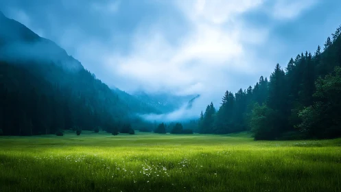 Foggy conifer forest framing bright green mountain meadow.