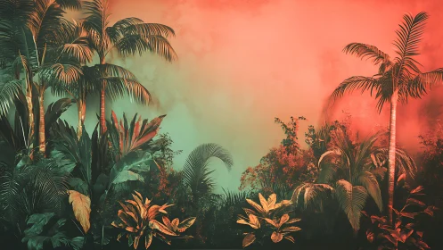 Bilateral neon-tinted tropical foliage under gradient haze