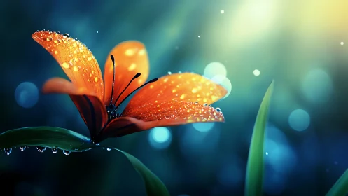 Dewlit Ember Blossom under teal dawn bokeh skies.