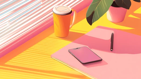 Colorful desk scene with coffee cup, phone, and notebook.