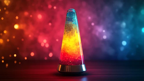 Color graded lava lamp stands centered against defocused lights