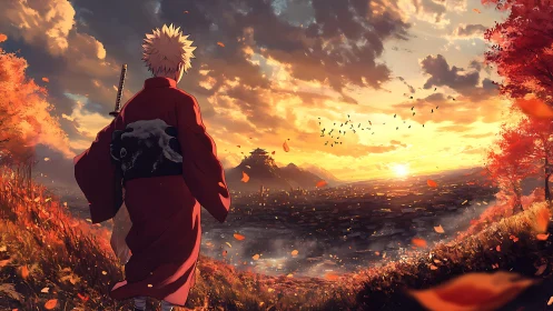 Figure in red kimono observes valley landscape at sunset