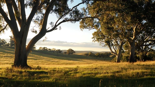 Golden light bathes rolling fields beneath tall eucalyptus trees.