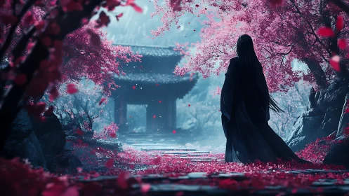 Solitary robed figure in misted cherry blossom shrine path
