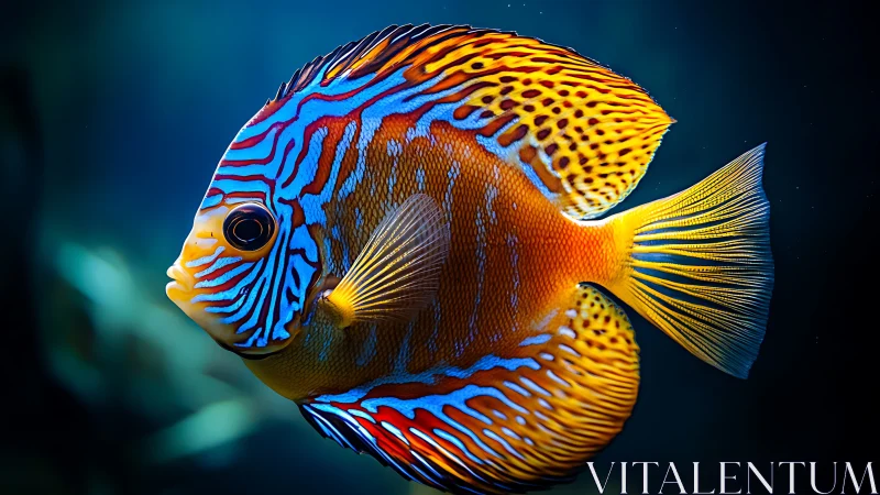 Radiant tropical fish with neon stripes in dark water.