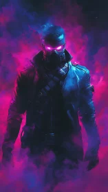 Neon-masked vigilante in magenta vapor with cinematic backlight.