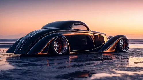 Sunset cruise with a sleek custom hot rod on wet sands.