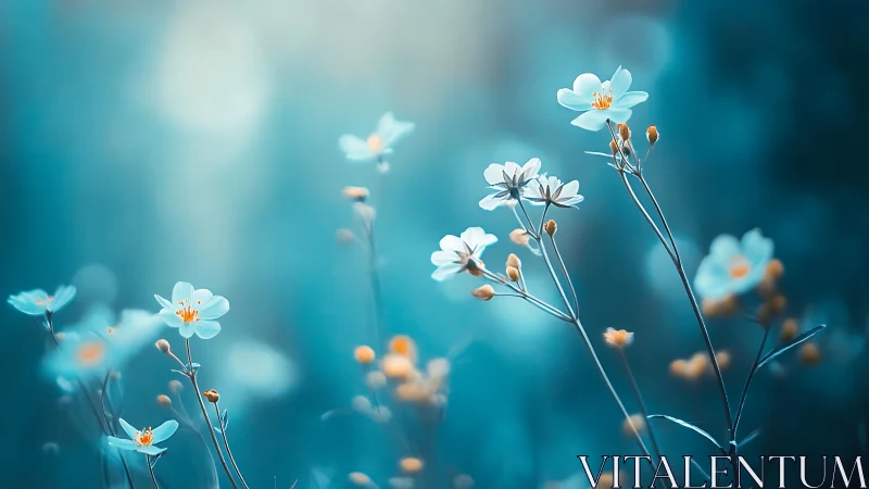 Delicate white flowers bloom against soft teal bokeh background