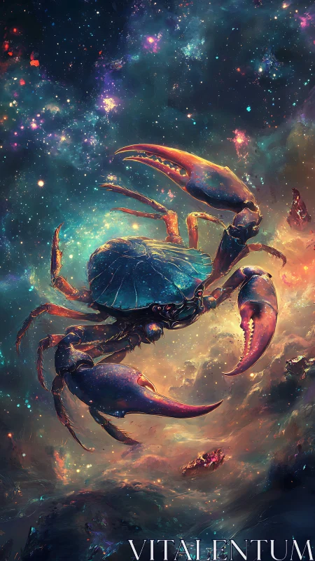 Cosmic crab drifting amid colorful interstellar clouds.