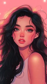 High-detail digital portrait of young woman under pink bokeh glow