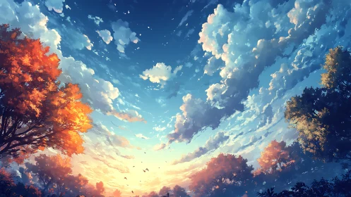 Digital landscape with autumn trees under expansive sky.