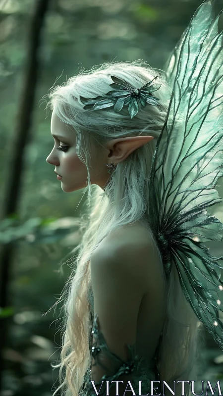 Forest fairy in soft green light, lost in quiet thought.