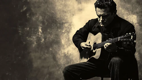 Melancholic guitarist in high-contrast monochrome portrait study