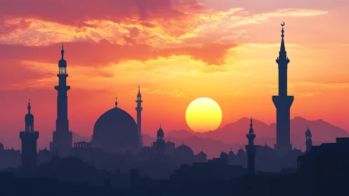 Sunlit mosque skyline rises against a serene flaming dusk