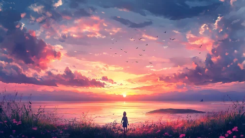 Silhouette of child watching vivid digital sunset seascape