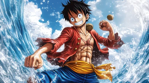 Joyful sea adventurer punching through crashing waves.