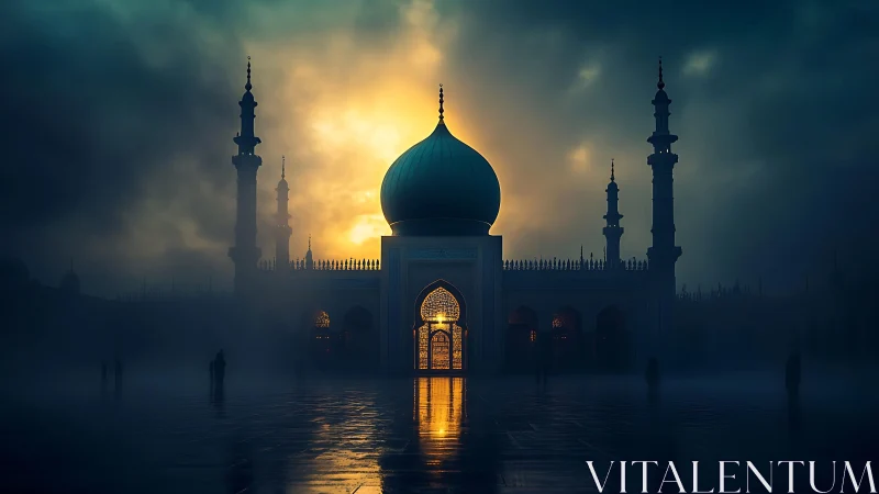 Nocturnal mosque silhouette with volumetric sunrise backlight.