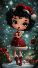 Curly haired Christmas girl holding a tiny holiday gift.