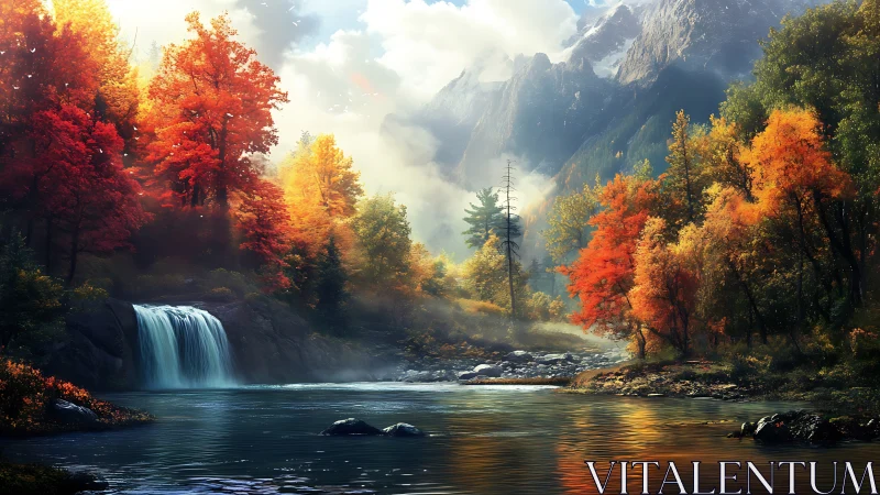 Autumn waterfall valley under misty sunlit mountain peaks.