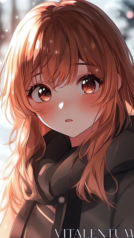 Brown haired anime girl in winter coat and scarf outdoors.
