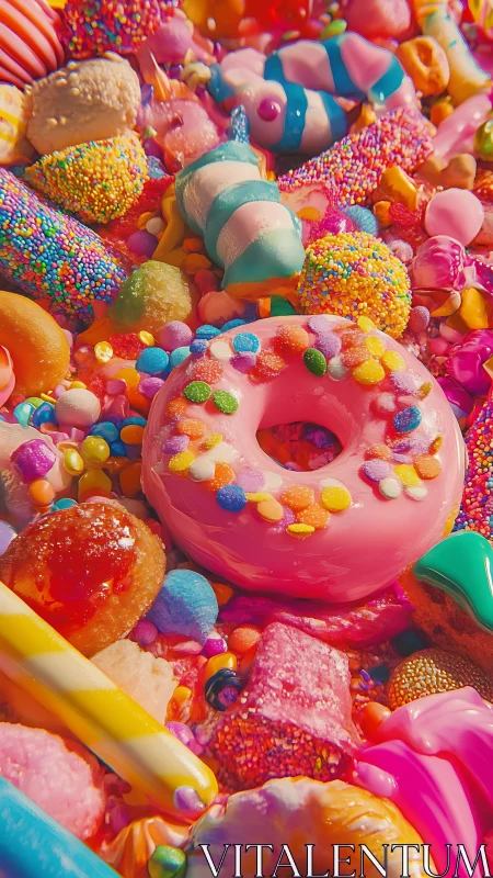 Confectionery and candy composition with glazed donut centerpiece.