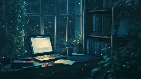 Moody home office desk under warm nocturnal screen glow.