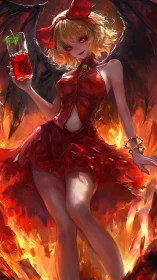 Demonic girl holds crimson drink above erupting fire