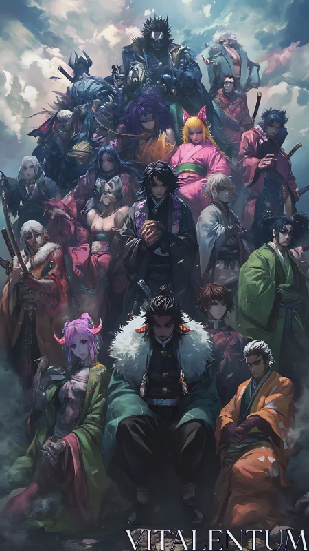 Samurai collective under stormlit sky in dynamic formation.