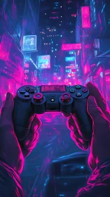 Neon lit gamer hands guide a glowing city of digital night