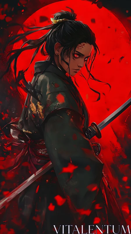 Blood-red eclipse behind vengeful samurai warrior portrait.