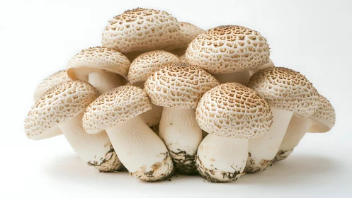 Patterned mushroom cluster crowned with speckled forest domes.