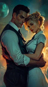 Couple in Elegant Embrace Against Luminescent Backdrop.