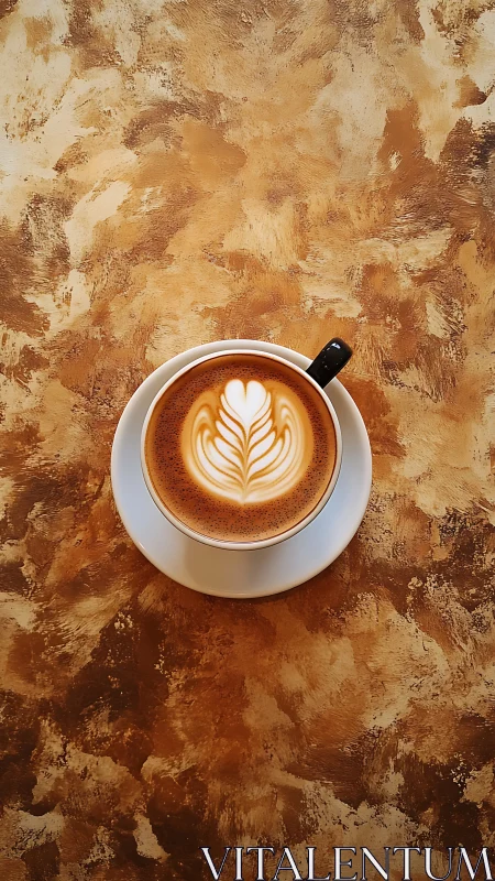 Top view shows latte art in white cup on textured table