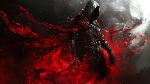 Hooded voidwalker wrapped in feral ribbons of living crimson.