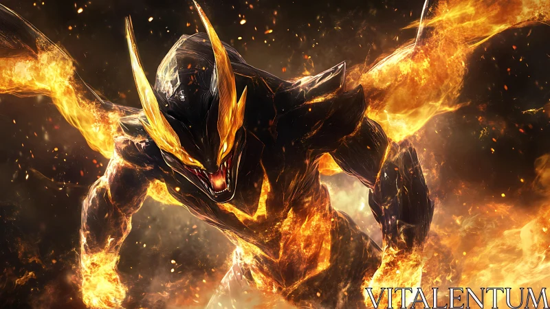 Armored infernal creature advances through dense surrounding fire