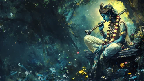 Digital painting of divine musician in luminous forest setting.