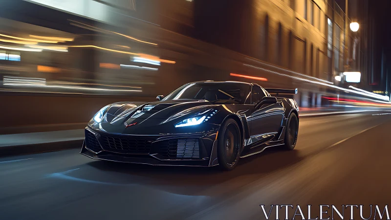 Aerodynamic black supercar slicing through nocturnal city streets.