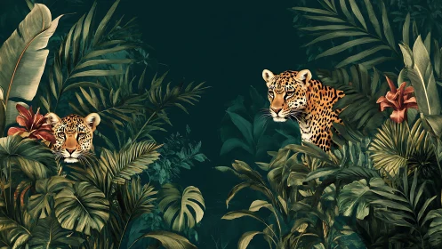 Dual Leopards Among Tropical Foliage with Deep Teal Background