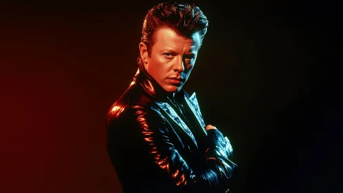 Neon-shadowed rocker smolders in retro chrome spotlight glow.