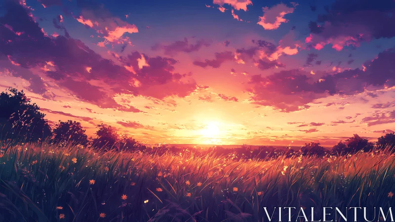 Sunset gold rush over wildflower fields and whispering sky.