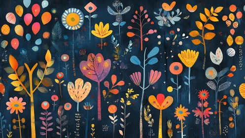 Botanical Garden Against Dark Canvas: Vibrant Flora Art.