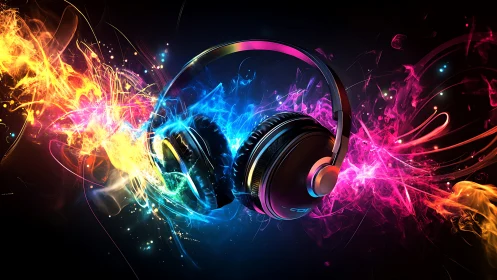Neon soundwave headphones amid explosive color bursts.