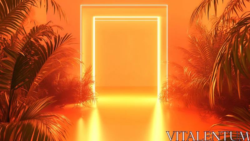 Neon doorway glows between dense tropical plants in orange light