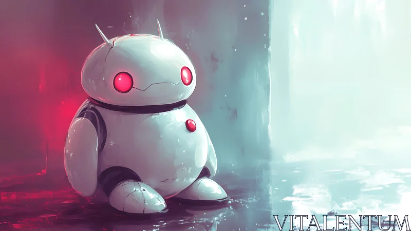 Cute white robot with neon eyes in misty corridor.