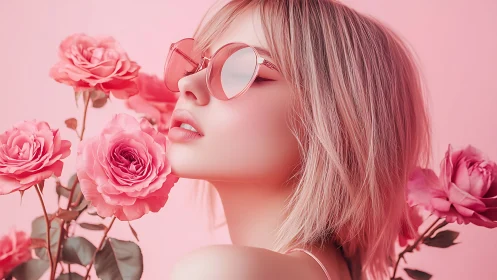 Chromatic portrait of pink-tinted woman amid macro roses.
