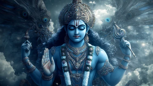 Skyborn blue deity breathes stillness through jeweled storms